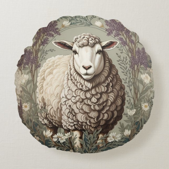 Coussins Ronds Moutons Élégants Fond de Fleur de Lavande (Devant)