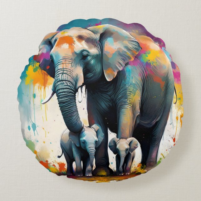 Coussins Ronds Mummy Et Éléphants Bébés Colour Splash, (Devant)