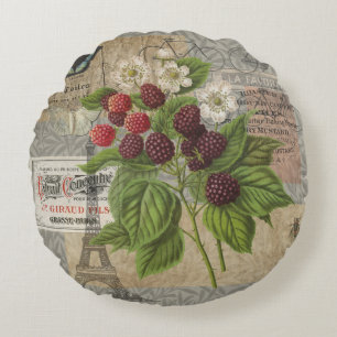 Coussins Ronds Mûres Vintage Collage d'Art Éphemère Français
