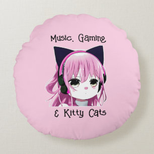 Coussins Ronds Musique, jeux et chats Kitty   Anime Girl