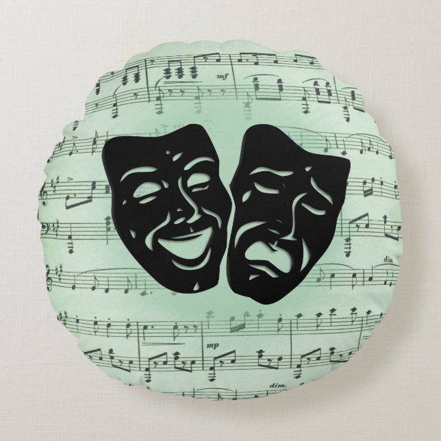 Coussins Ronds Musique verte et masques grecs de théâtre (Devant)