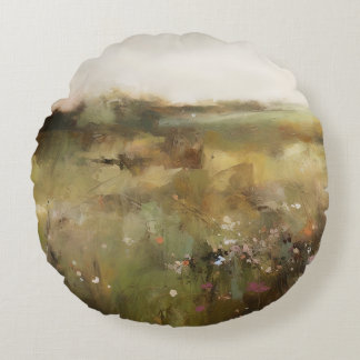 Coussins Ronds Muted Meadow Abstrait Paysage Fleur sauvage Art