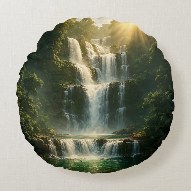 Coussins Ronds Mystical Forest Waterfall Nature Round Pillow (Devant)