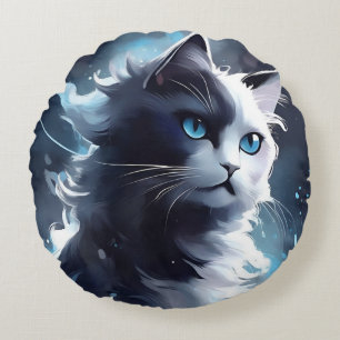 Coussins Ronds Mystique Kitten noir et blanc Chat d'aquarelle