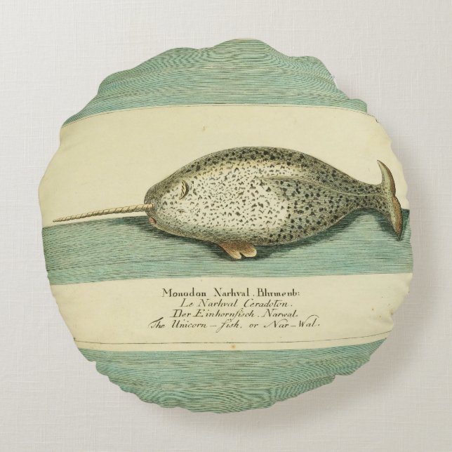 Coussins Ronds Narwhal Antique Baleine Aquarelle Art scientifique (Dos)
