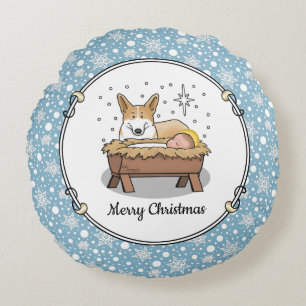 Coussins Ronds Nativité de Noël Pembroke Welsh Corgi (rouge1) Amu