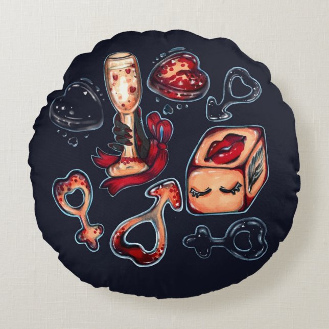 Coussins Ronds Naughty Dice & Champagne Adult Humor Dark Romantic (Devant)