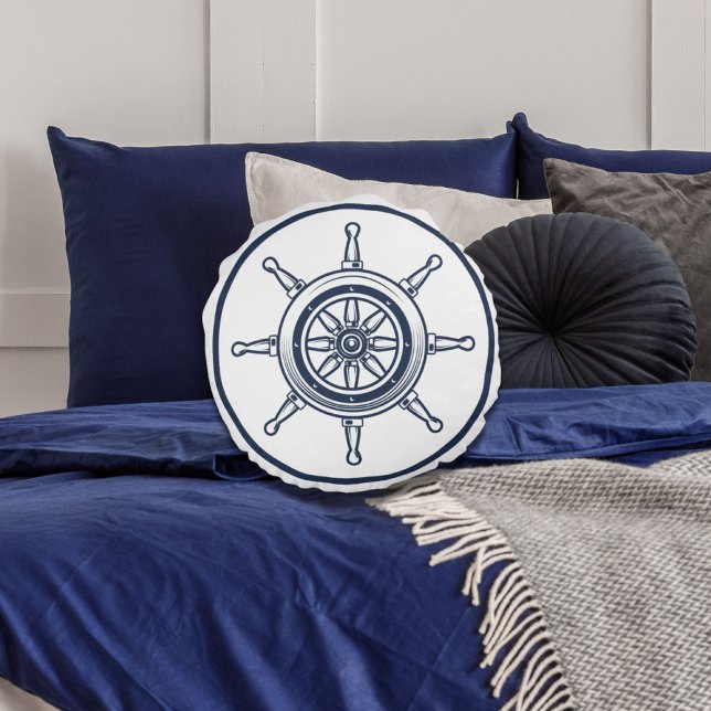 Coussins Ronds Nautique Côte Blue Beach Maison Bateau Bateau Bate (Nautical Coastal Blue Beach House Boat Ship Wheel Round Pillow)