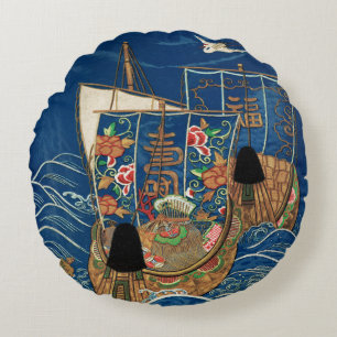 Coussins Ronds Navire Trésor Chanceux Japonais Vintage G.A. Audsl