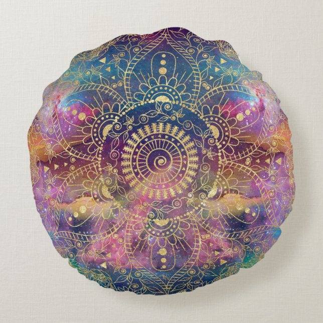Coussins Ronds Nebula couleur or Mandala Aquarelle colorée (Dos)