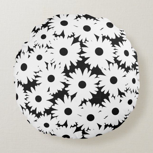Coussins Ronds Négative Space Daisées blanc sur noir (Devant)
