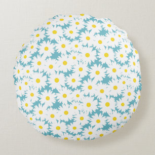 Coussins Ronds Négative Space Daisies blanc jaune sur bleu