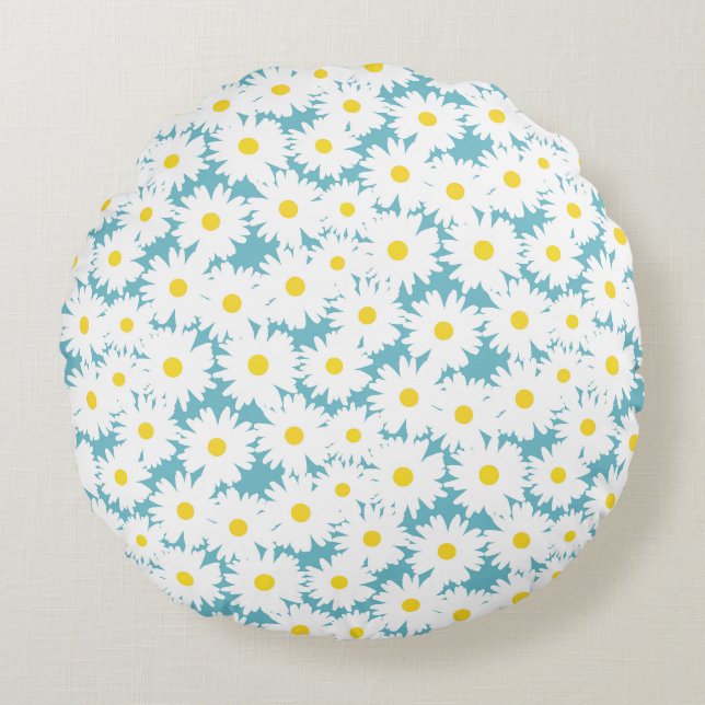 Coussins Ronds Négative Space Daisies blanc jaune sur bleu (Devant)