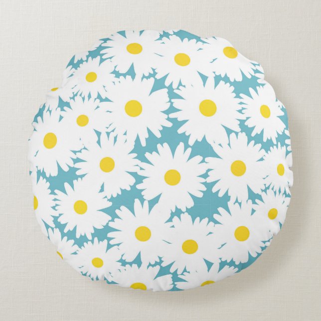 Coussins Ronds Négative Space Daisies blanc jaune sur bleu (Devant)