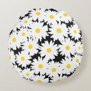 Coussins Ronds Négative Space Daisies blanc jaune sur noir