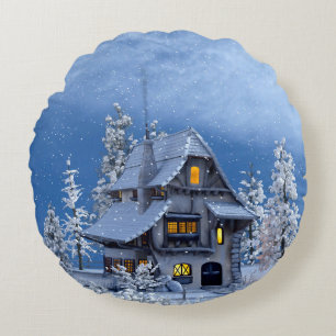 Coussins Ronds Neige de Noël sur Maison de pain d'épices