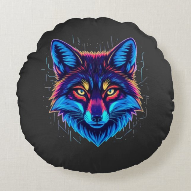 Coussins Ronds Neon Fox Face – Vibrant Glowing Design (Devant)