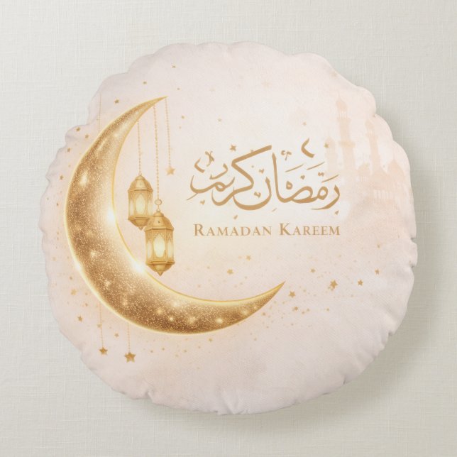 Coussins Ronds Neutral Gold Ramadan Kareem Throw Pillow – Islamic (Devant)