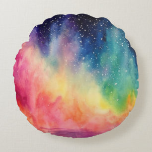 Coussins Ronds Night Sky Rainbow Watercolor Art Abstrait