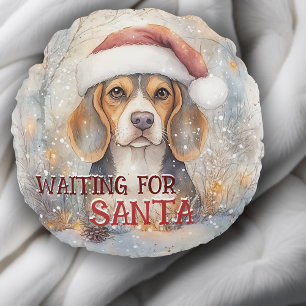 Coussins Ronds Noël beagle En Attente De L'Aquarelle De Chien Pèr