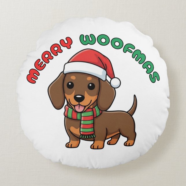 Coussins Ronds Noël Brown Dachshund : Joyeux Woofmas (Devant)