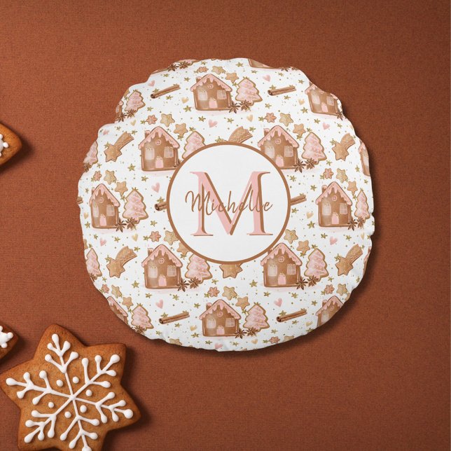 Coussins Ronds Noël Brown pain d'épices Maison Arbres roses (Créateur téléchargé)