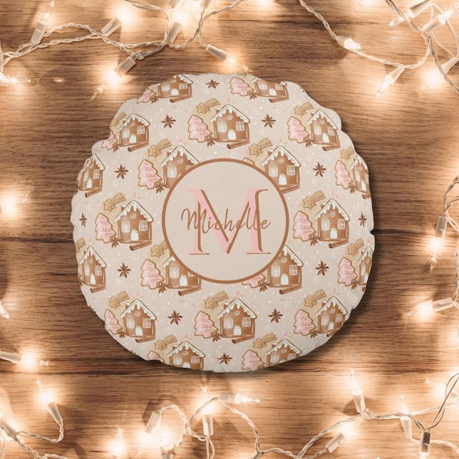 Coussins Ronds Noël Brown pain d'épices Maison Arbres roses (Créateur téléchargé)
