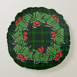 Coussins Ronds Noël classique vert plaid rouge saint feuille