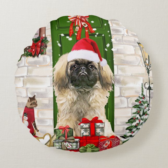 Coussins Ronds Noël de chien de Pékin (Devant)