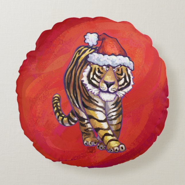 Coussins Ronds Noël de tigre sur le rouge (Devant)