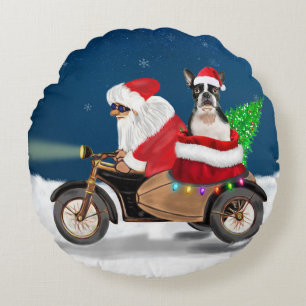 Coussins Ronds Noël du chien de Boston Terrier Santa Claus