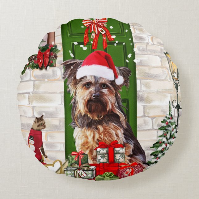 Coussins Ronds Noël du chien Yorkie (Devant)