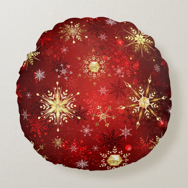 Coussins Ronds Noël Golden Snowflakes sur Arrière - plan rouge (Devant)