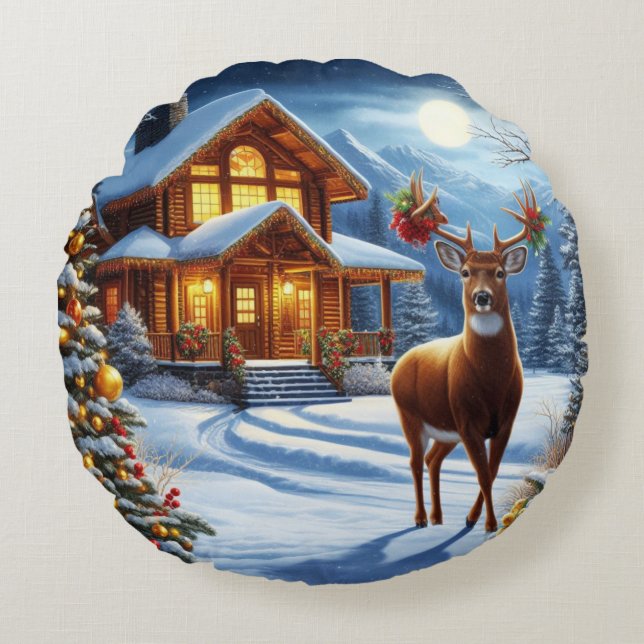 Coussins Ronds Noël/Hiver Deer Lodge (Devant)