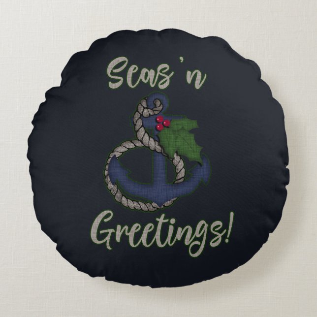 Coussins Ronds Noël nautique | Ancre et Holly (Devant)