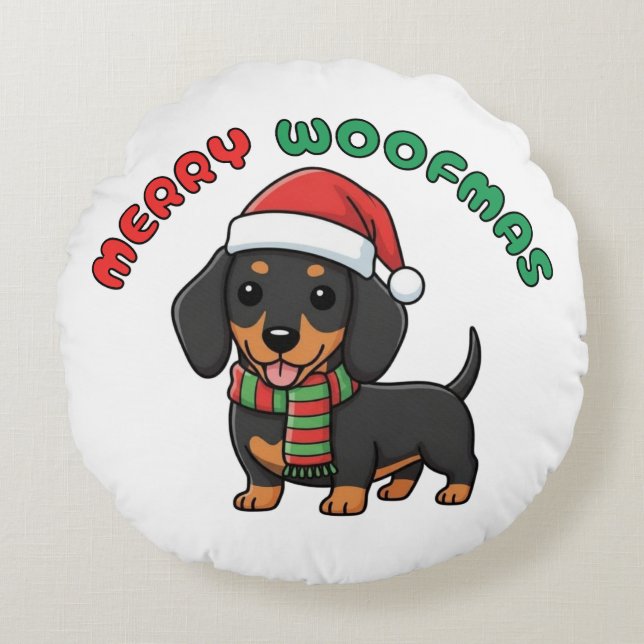 Coussins Ronds Noël noir Dachshund : Joyeux Woofmas (Devant)