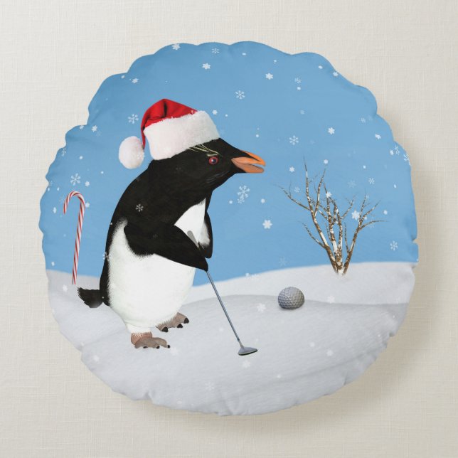 Coussins Ronds Noël, pingouin jouant au golf (Devant)