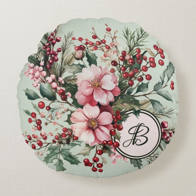 Coussins Ronds Noël Rose Fleurie Personnalisée en Aquarelle Ronde (Devant)