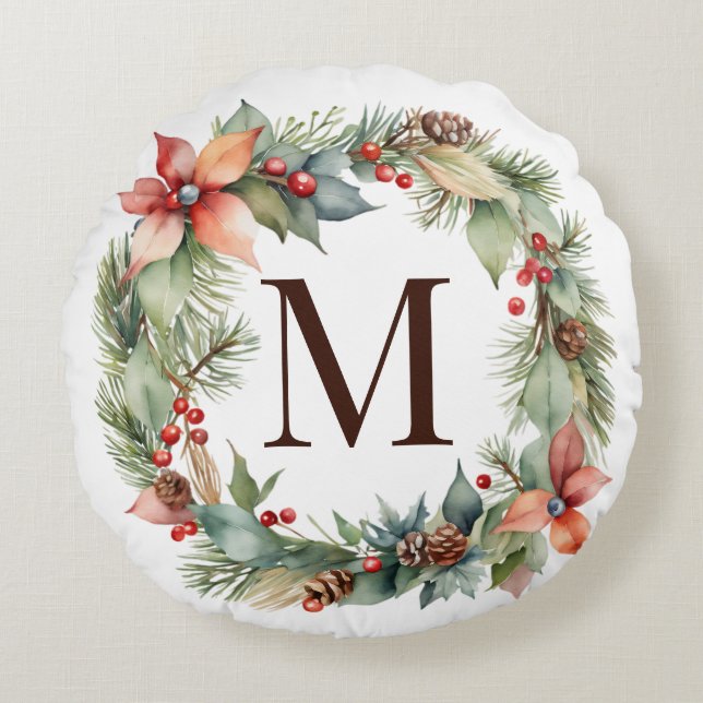 Coussins Ronds Noel Rustique Holly Poinsettia Wreath Monogramme (Devant)