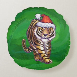 Coussins Ronds Noël Tigre Sur Vert