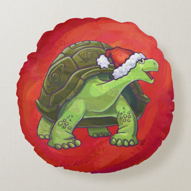 Coussins Ronds Noël Tortue Sur Rouge (Devant)