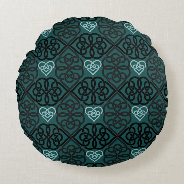 Coussins Ronds Noeud Celtique Moderne Et Coeur Dark Motif Turquoi (Devant)