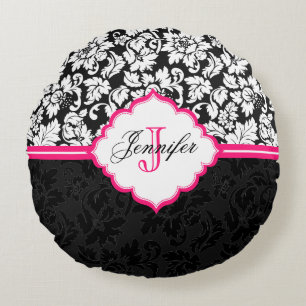 Coussins Ronds Noir blanc et rose Vintage Damas florales