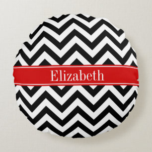 Coussins Ronds Noir Blanc LG Chevron Rouge Nom Monogramme