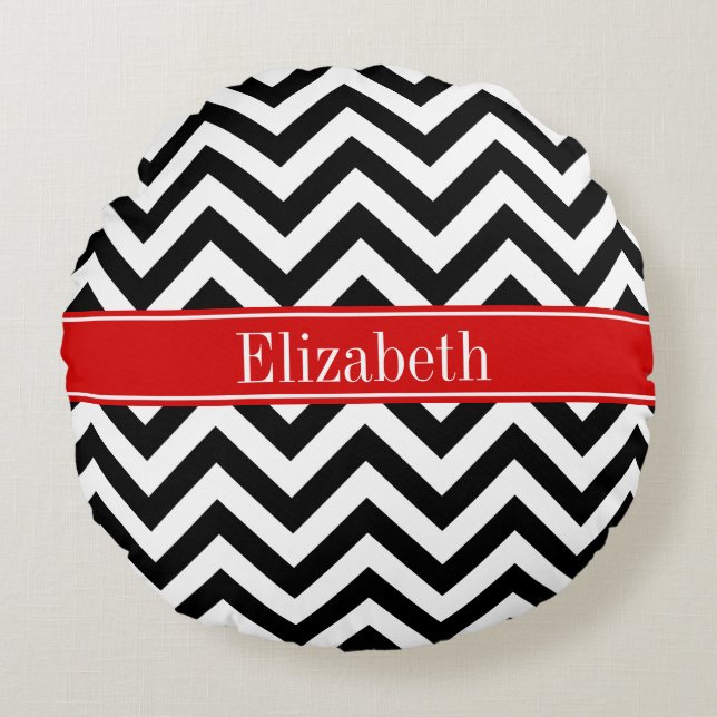 Coussins Ronds Noir Blanc LG Chevron Rouge Nom Monogramme (Devant)