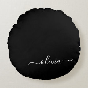 Coussins Ronds Noir Blanc moderne Script Girl Monogramme Nom