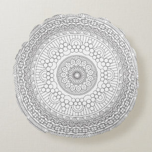 Coussins Ronds Noir et Blanc Round Mandala v3