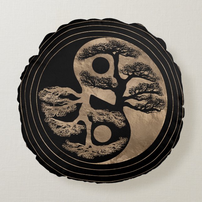 Coussins Ronds Noir et or d'arbre de Yin Yang (Devant)