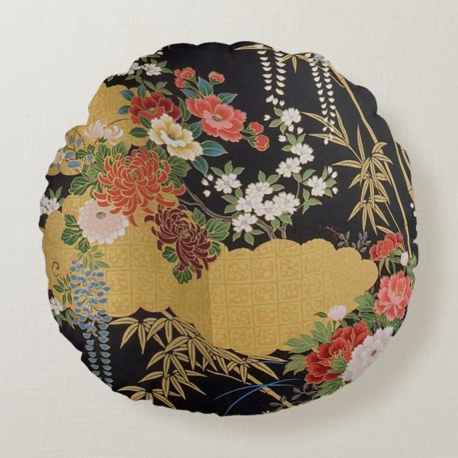 Coussins Ronds Noir et or traditionnel japonais Kimono floral (Devant)