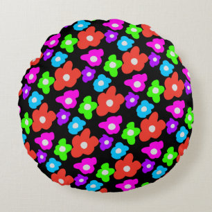 Coussins Ronds Noir rétro Arc-en-ciel couleur Fleurs Motif